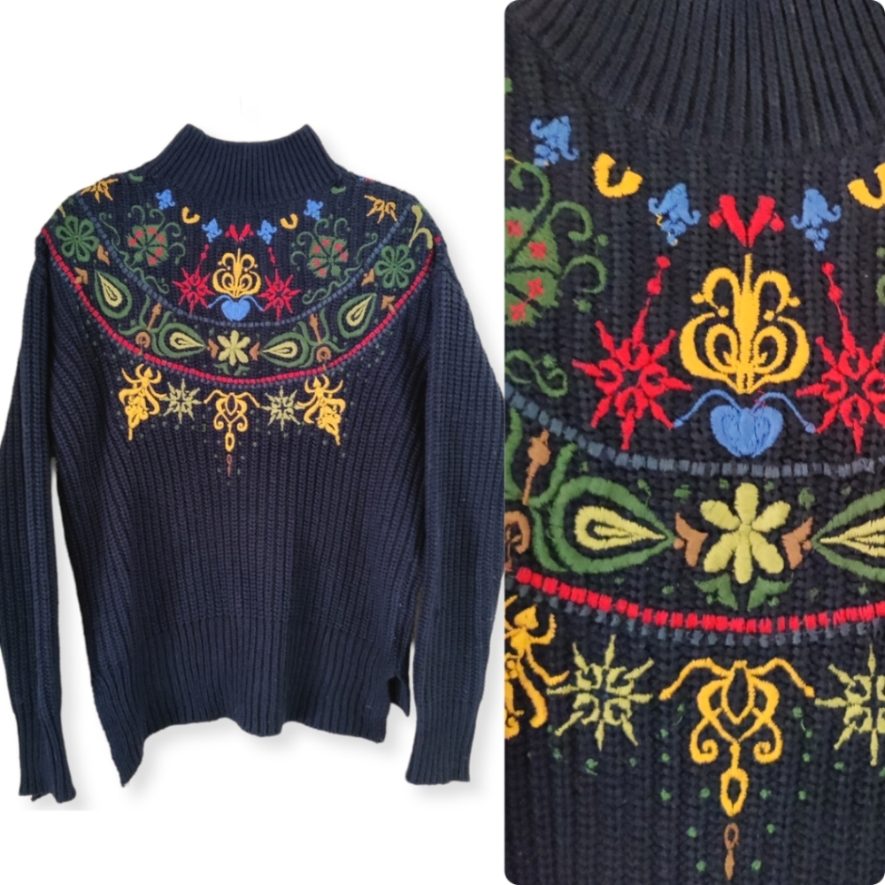 Zara Knit High Neck Embroidered All Around Collar Winter Pullover Sweater